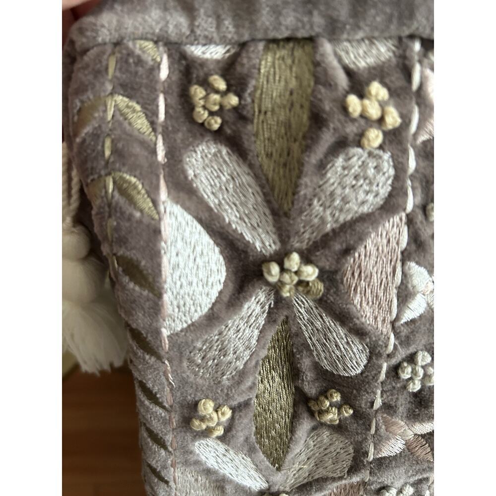 Velvet Bohemian Floral Embroidery Pouch Cosmetic Bag Brown - Picture 4 of 9